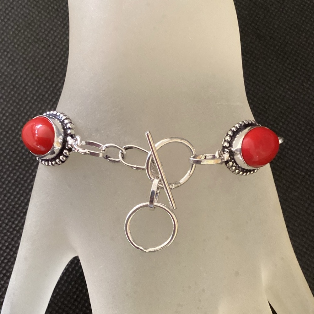 Sterling Silver 925 Coral Link Chain Bracelet - Picture 2 of 12